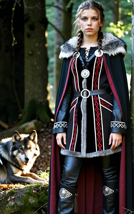 1girl,French, Princess Gisla from the TV series Vikings, Morgane Polanski, 20yo, brown hair, long hair, brown eyes, serious look, slim, small breasts, A high status chieftainâs attire in obsidian black, stormy gray, and deep crimson, consisting of a thickly woven tunic with metallic thread embroidery. A grand wolf fur cloak, fastened by twin silver brooches, drapes over the shoulders. Paired with sturdy leather leggings and hand wrapped hide boots.,