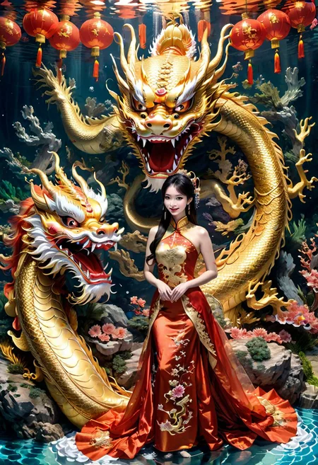 Chinese Dragon and Pretty lady, celebration Chinese New Year in the palace, under water world.