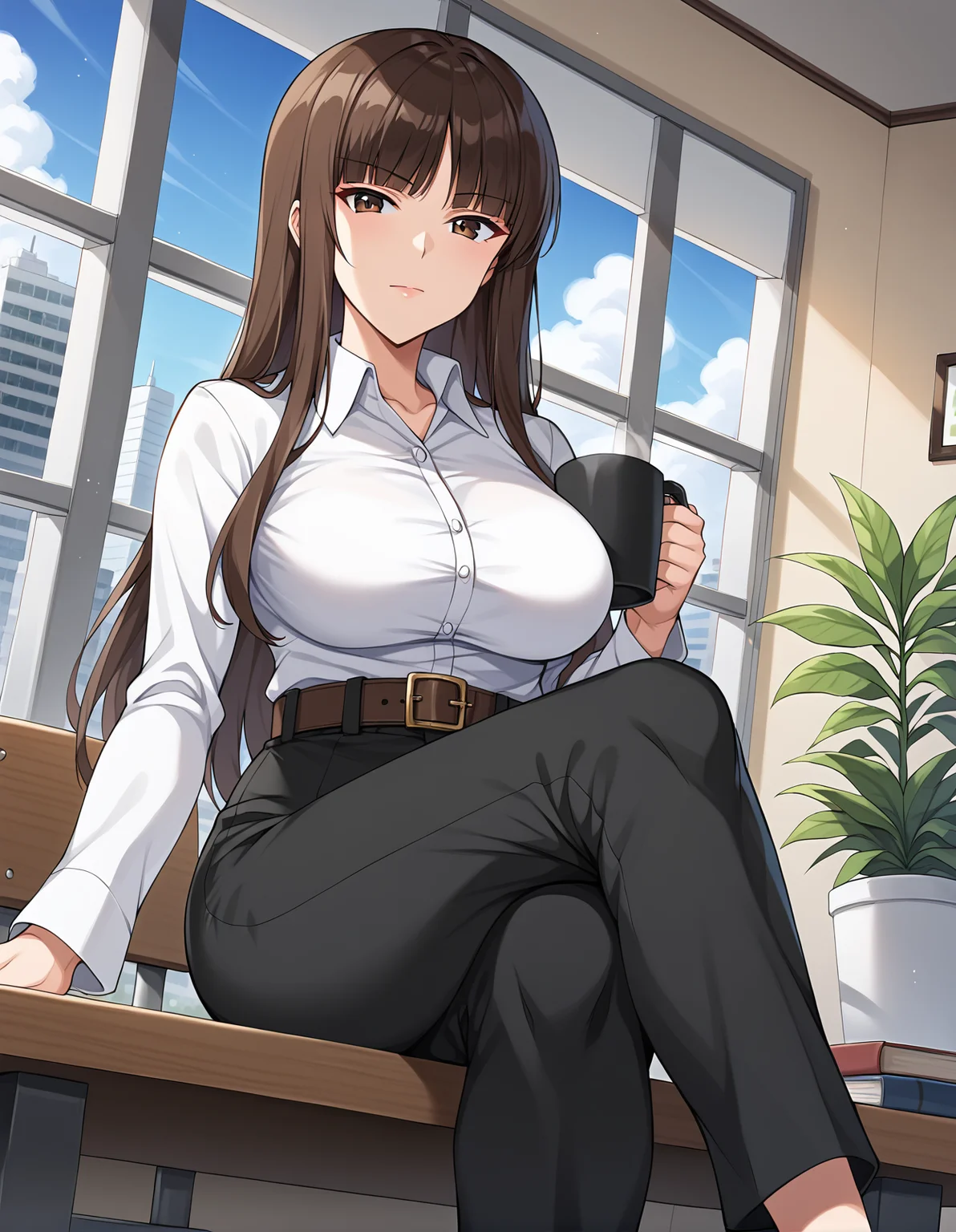 score_9, score_8_up, score_7_up, source_anime, rating_safe, BREAK <lora:shihoNishizumiXL_LoRA-C3Lier_AdamW_Dim8_Alpha8_UN-3e-4_TE-1.5e-4_10batch_ponyDiffusionV6XL_v6StartWithThisOne:1>, nishizumi shiho, 1girl, mature female, blunt bangs, long hair, brown hair, straight hair, brown eyes, white shirt, long sleeves, wing collar, pant suit, belt, black pants, formal, dutch angle, sitting, closed mouth, elbows on table, crossed legs, table, chair, coffee, book, looking at viewer, cafe, potted plant, window, cityscape, blue sky