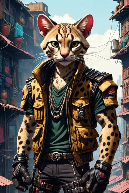 Detailed digital illustration of an anthro Ocelot (Staring into the horizon, pondering life) at a Cyberpunk slums with makeshift rooftop shanties, <lora:xl_more_art-full_v1:0.5>,  <lora:anthro_muscular:0.7> , <lora:madpunk:0.4> madpunk