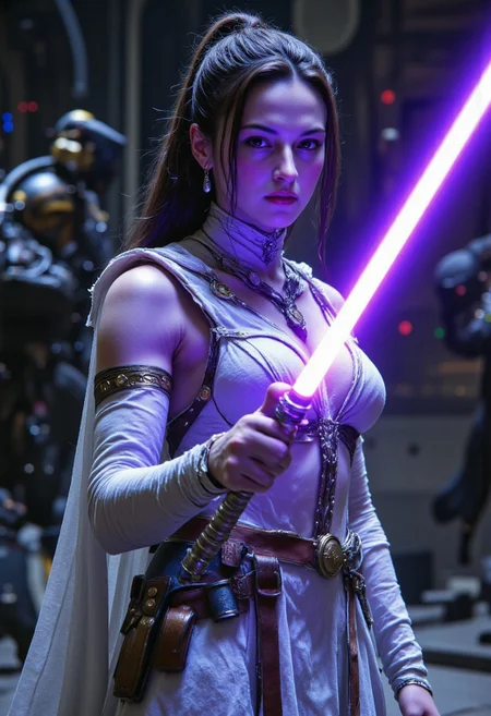 realistic, PHOTOREALISTIC, ((perfect anatomy)), (futuristic warrior holding purple lightsaber:1.3), 25 years old, perfect quality, high quality,(sci-fi, star wars, jedi knight, empress, married), Jaina solo, big brown eyes, dark brown hair, long straight intricate hair, athletic female, ((fitness models, muscle detail, detailed muscle)), long athletic muscular legs, athletic round muscular butt, athletic hips, perfect breasts, perfect body, epic, long hair, intricate hairstyle, cute, soft skin, soft skin, textured skin ,shining glossy skin, soft abs, athletic waist, (slender body), sci-fi, futuristic, ((intricate transparent flowing sheer jedi robes showing sexy body underneath:1.2, armor parts on body:1.2, marble armor:1.2, greave, boots)), glowing Kintsugi tattoos on body:1.3, Expressiveh, (volumetric lighting:1.2), cinematic, cinematic lighting, reflections, ultra hd, visual effects, graphic effects, ambient occlusion, raytracing, soft lighting, realistic, blum effect, masterpiece, absolutely eye-catching, particles, glow, shining, (intricate cinematic background, on space station, outer space in background, Jaina is dueling an unseen sith lord swinging her lightsaber at them, using the force, god rays), (beautiful face), R3alisticF, Perfect hand, Detailed hand, 5 fingers on each hand