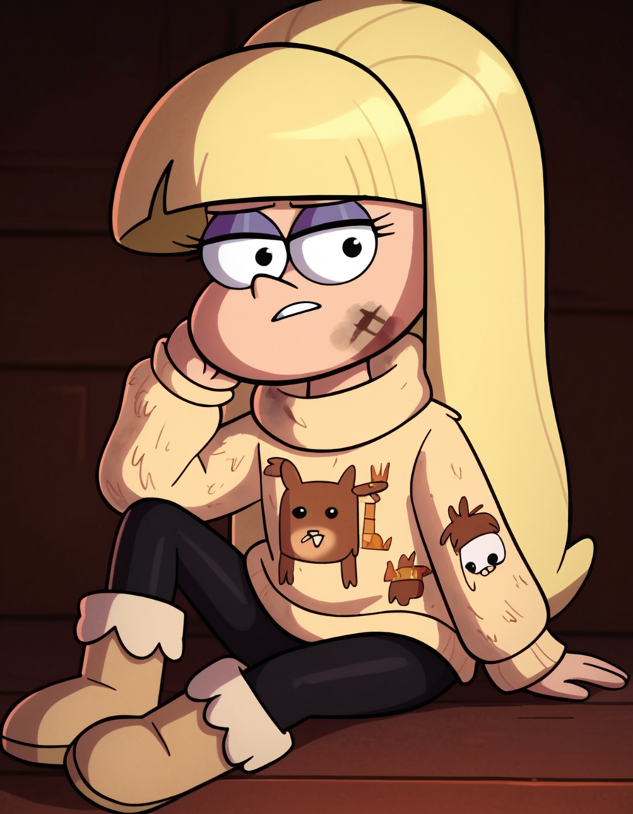 looking at viewer, solo, sitting,  <lora:Pacifica_Northwest_Gravity_Falls_Pony:1> , pacificagf, long hair, blonde hair, blunt bangs, eyelashes, black eyes, purple_eyeshadow, 
dirty, llama print sweater, black leggings, boots,