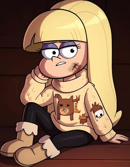 looking at viewer, solo, sitting, <lora:Pacifica_Northwest_Gravity_Falls_Pony:1> , pacificagf, long hair, blonde hair, blunt bangs, eyelashes, black eyes, purple_eyeshadow,
dirty, llama print sweater, black leggings, boots,