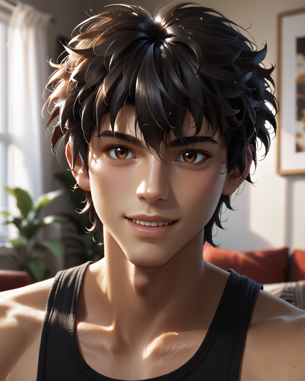 score_9, score_8_up, score_7_up, intricate details, rating_questionable,
<lora:homri52:1>
,
<lora:minato:0.8>, 1boy(boy, male, minato, black messy hair, red-brown eyes, looking at the viewer, solo, happy, 
portrait, face focus, tank top), cozy living room,
highres,
detailed background, depth of field, 
<lora:ral-chrosc-clr:0.5>, ral-chrosc-clr,
<lora:Expressive_H:0.5>, Expressiveh,
<lora:xl_more_art-full_v1:0.3>,
<lora:add-detail-xl:0.3>,
