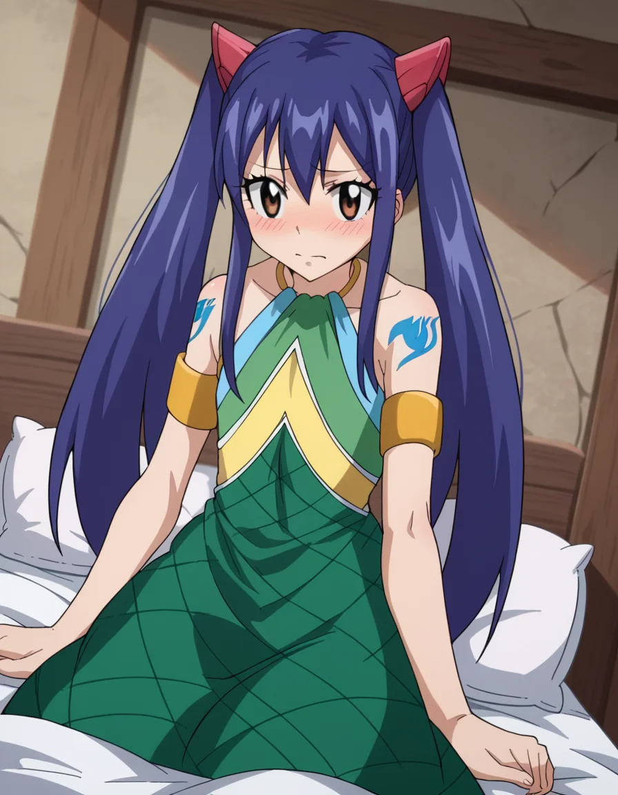 score_9, score_8_up, score_7_up, source_anime,
wendymarvell, <lora:wendy-marvell-s7-ponyxl-lora-nochekaiser:1>
wendy marvell, long hair, hair ornament, twintails, brown eyes, blue hair,
bare shoulders, tattoo, armlet, dress, green dress,
indoors, bed, bed room, on side, blush, drunk,
looking at viewer, dutch angle, cowboy shot