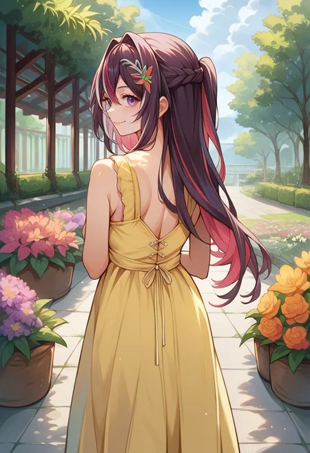 score_9, score_8_up, source_anime, 1girl, solo, Azki, multicolored hair, long hair, french braid, hair ornament, from behind, yellow sundress, garden, day, sunshine, smile, looking back, <lora:ChamAZKiPonyXL:1>