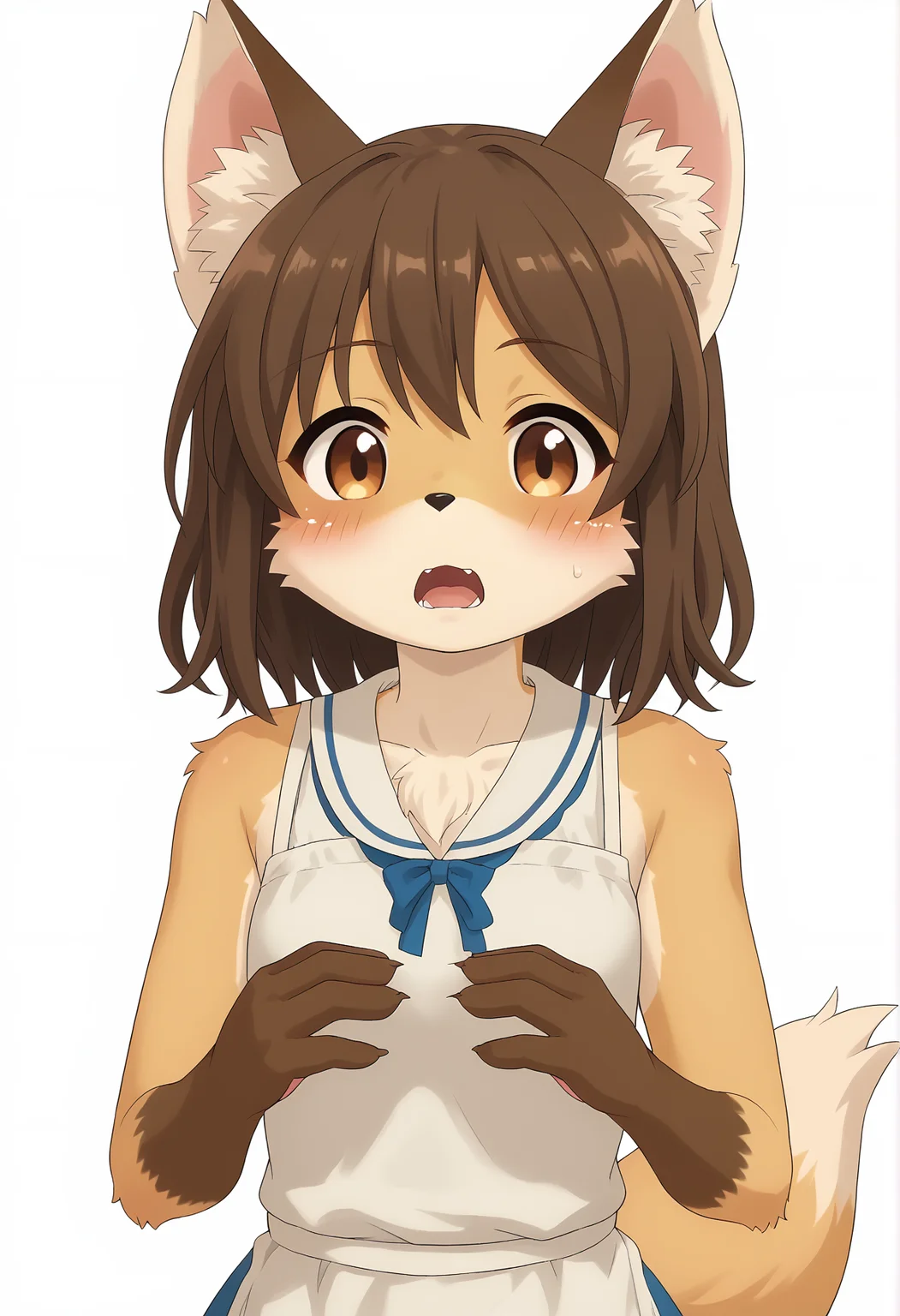 score_9, score_8_up, score_7_up, source_furry, kmc, <lora:FoxGirl_pony_v1:1>, anime screencap, furry female, furry, animal ears, tail, tareme, brown eyes, looking at viewer, blush, fox ears, brown hair, medium hair, open mouth, dress, fox tail, upper body, simple background, white background, <lora:p:0.3> <lora:Anime_Screencap:0.7>