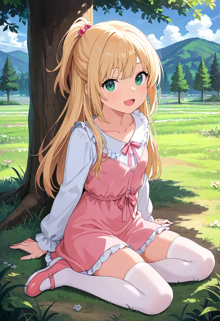 masterpiece, best quality, absurdres, very aesthetic, general,
1girl, solo, long hair, half updo, green eyes, sitting, hair ornament, white legwear, blonde hair, hair bobbles, open mouth, tree, ponytail, zettai ryouiki, day, eyelashes, outdoors, pink skirt, looking at viewer, arm support, grass, full body, casual, cloud, white shirt, pink footwear, blue eyes, on ground, pink dress, yokozuwari, pink bow, mary janes, legs, blue sky, collarbone, long sleeves, shadow, frills, white thighhighs, mountain, smile,