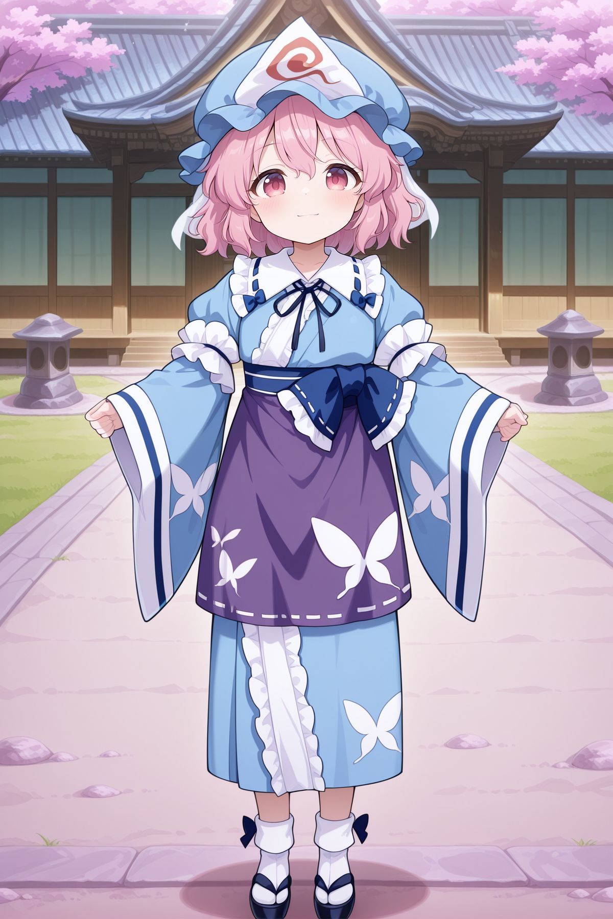 absurdres, highres, masterpiece, best quality, amazing quality, official anime artwork, screencap, anime screencap, outdoors, looking at viewer, light smile, dynamic pose, standing,
<lora:Yuyuko-Saigyouji_IllustriousV3:1> saigyouji yuyuko, 1girl, solo, pink eyes, pink hair, short hair, flat chest,, saigyouji yuyuko \(tiny ghost mistress\), aged down, adapted costume, blue hat, triangular headpiece, mob cap, neck ribbon, blue kimono, frilled kimono, floral print, short sleeves, wide sleeves, purple apron, butterfly print, white socks, black sandals,