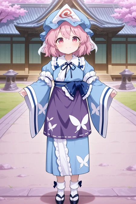 absurdres, highres, masterpiece, best quality, amazing quality, official anime artwork, screencap, anime screencap, outdoors, looking at viewer, light smile, dynamic pose, standing,
<lora:Yuyuko-Saigyouji_IllustriousV3:1> saigyouji yuyuko, 1girl, solo, pink eyes, pink hair, short hair, flat chest,, saigyouji yuyuko \(tiny ghost mistress\), aged down, adapted costume, blue hat, triangular headpiece, mob cap, neck ribbon, blue kimono, frilled kimono, floral print, short sleeves, wide sleeves, purple apron, butterfly print, white socks, black sandals,