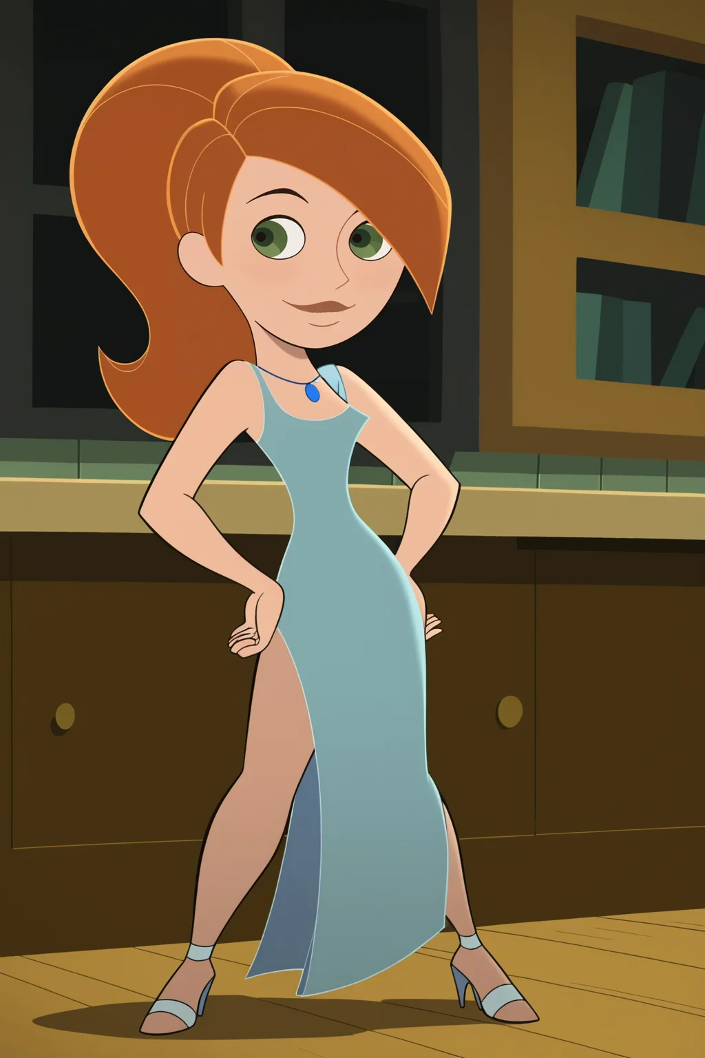 score_9, score_8_up, score_7_up, score_6_up, score_5_up, score_4_up, BREAK, <lora:Kim_Possible:1>, 1girl, Kim, orange hair, green eyes, blue dress, blue high heels, side slit, ponytail, necklace, standing, hands on hips, smiling, closed mouth