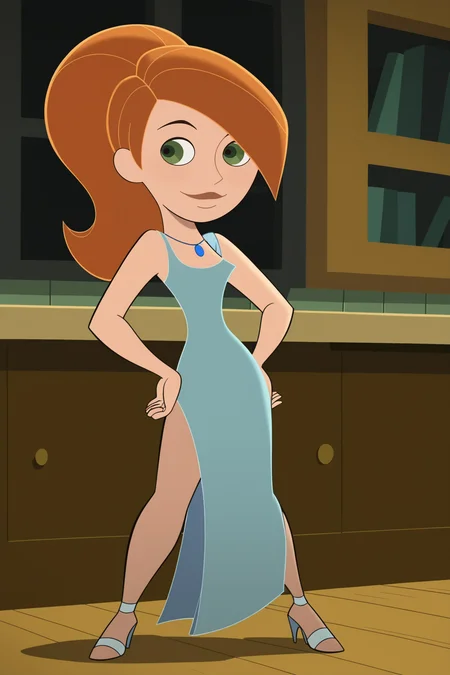 score_9, score_8_up, score_7_up, score_6_up, score_5_up, score_4_up, BREAK, <lora:Kim_Possible:1>, 1girl, Kim, orange hair, green eyes, blue dress, blue high heels, side slit, ponytail, necklace, standing, hands on hips, smiling, closed mouth