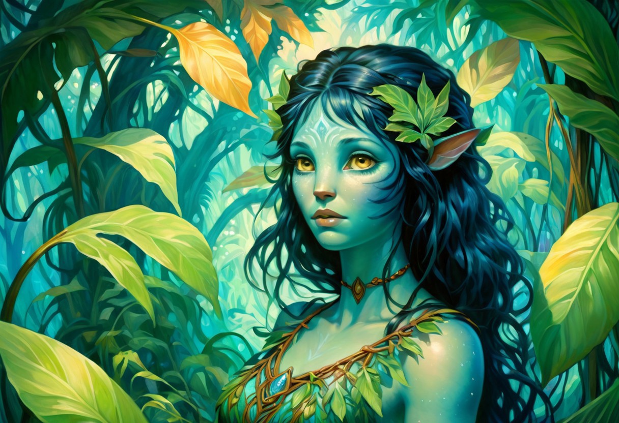 Alphonse Mucha Style page oil  painting of a young female Avatar navi alien with blue skin, wearing leaf tunic in a bioluminescent jungle
