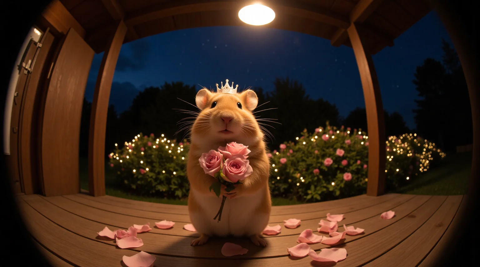 A hyper-realistic nighttime scene of a golden-brown hamster standing on a wooden porch, holding a bouquet of soft pink roses.
The scene is viewed through a peephole lens, creating a gentle fisheye effect.
The hamster wears a small white crown and is softly illuminated by a warm porch light above, casting delicate shadows on the wooden floor.
The background garden glows with tiny fairy lights among the bushes, and the sky is a deep indigo with stars faintly visible.
Every detail from the hamster’s fur to the texture of the petals and wood is clearly defined in this dreamlike but realistic atmosphere.
vibrant colors,