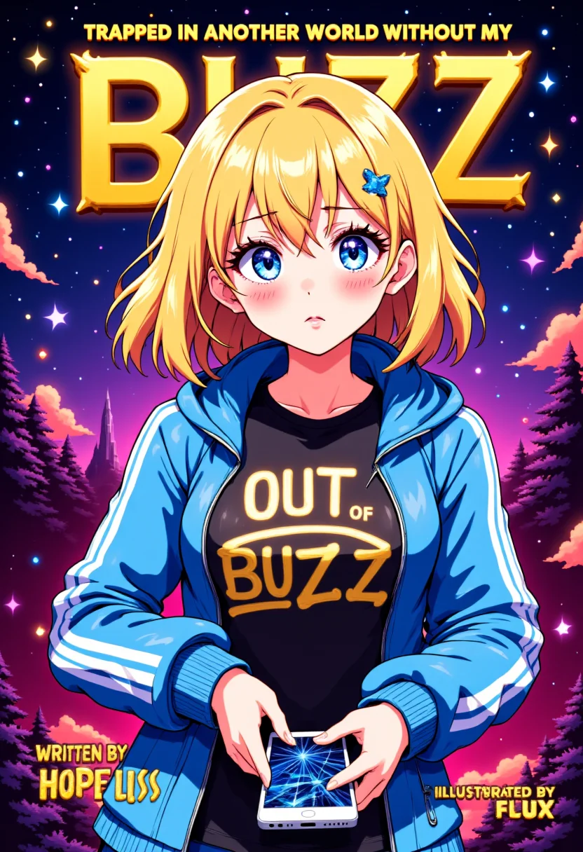 bmstyle, anime, <lora:Black_Magic_XL_Style_V2.0:1>, a book cover, top title text: "TRAPPED IN ANOTHER WORLD WITHOUT MY BUZZ", the word buzz in gold, on shirt text: "OUT OF BUZZ", bottom left text: "WRITTEN BY HOPE LISS", bottom text: "ILLUSTRATED BY FLUX", a woman wearing a track suit, shoulder length blonde hair, blue eyes, in a fantasy setting, a sad look on her face, phone with a cracked screen, aidmaTextImprover, <lora:TextimproverV0.4:1>