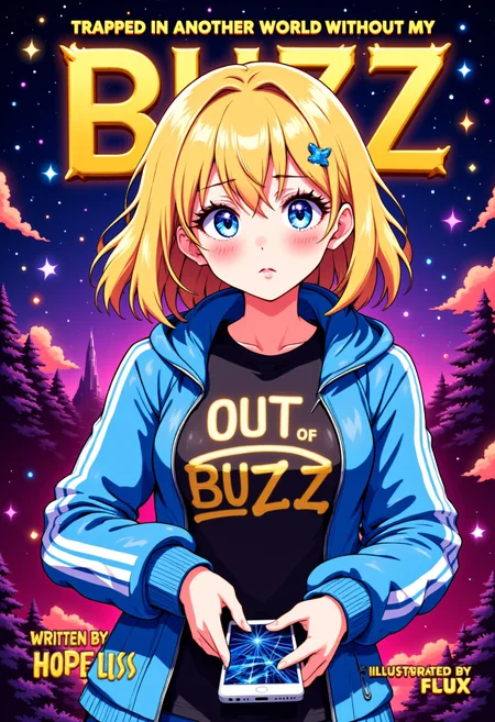 bmstyle, anime, <lora:Black_Magic_XL_Style_V2.0:1>, a book cover, top title text: "TRAPPED IN ANOTHER WORLD WITHOUT MY BUZZ", the word buzz in gold, on shirt text: "OUT OF BUZZ", bottom left text: "WRITTEN BY HOPE LISS", bottom text: "ILLUSTRATED BY FLUX", a woman wearing a track suit, shoulder length blonde hair, blue eyes, in a fantasy setting, a sad look on her face, phone with a cracked screen, aidmaTextImprover, <lora:TextimproverV0.4:1>