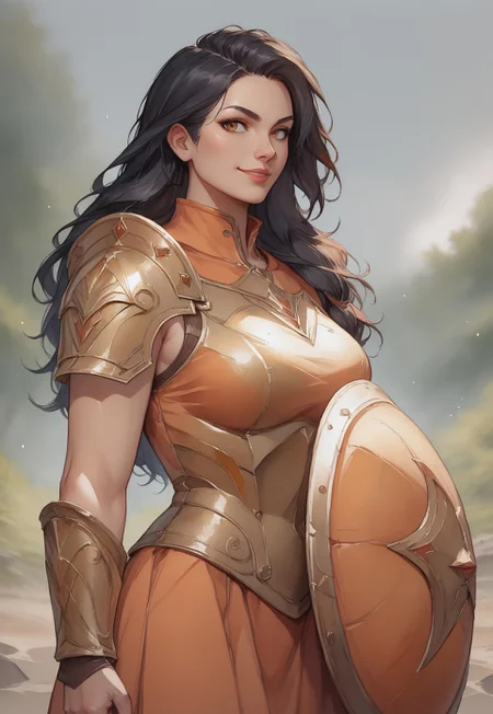 score_9, score_8_up, score_7_up, valeria, black hair, long hair, looking at the viewer, dynamic pose, blurred background, smile, orange armor, massive armor, lips closed, gauntlet, holding a shield, massive orange shield, massive shield on right arm, massive shield, (upper body shot:0.75), Spartan armor, watercolor painting, traditional media,