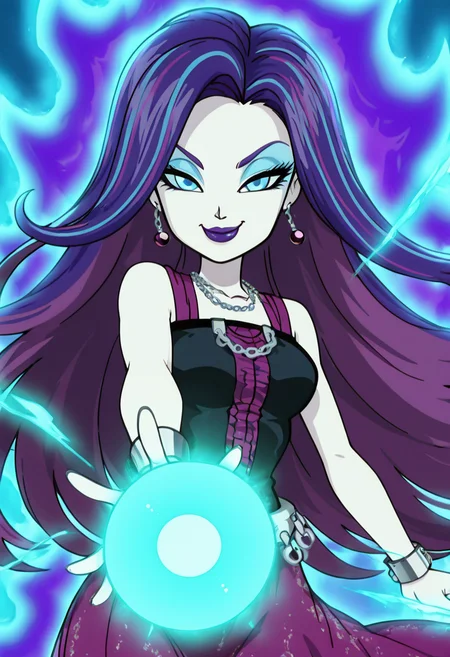 masterpiece, best quality, solo, curvy, beautiful eyes, narrow waist, wide hips, 1girl, solo, smile, looking at viewer, foreshortening, close up, anime screenshot, ,<lora:SpectraVondergeistMH_IXL:1.0>, zzSpectra, blue eyes, blue hair, long hair, multicolored hair, purple hair, streaked hair, two-tone hair, pale skin, makeup, jewelry, earrings, lipstick, dress, necklace, eyeshadow, bracelet, purple lips, C0utur3Cr4z3, <lora:CoutureCraze_IXL:0.3>,,vivid aura, looking at viewer, blue background, smug, aura, super saiyan, charging energy, energy ball, energy, lightning, <lora:DBSBroly_Style_IXL_v2:0.6>,