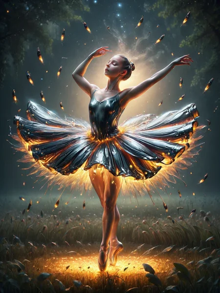 A ballerina in a ais-moltenz tutu, dancing amidst a field of fireflies <lora:Molten_Metal_SDXL:1>