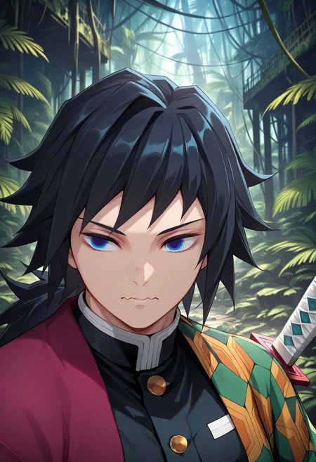 masterpiece, best quality, , (3d:0.4), , 1boy, solo, male focus, <lora:giyuu_tomioka_ilxl:0.94>, giyuu_tomioka, black hair, blue eyes, bangs, long hair, low ponytail, demon slayer uniform, sword, close-up, jungle, rainforest, ruins, indoors, light, pose, wavy mouth, closed mouth,