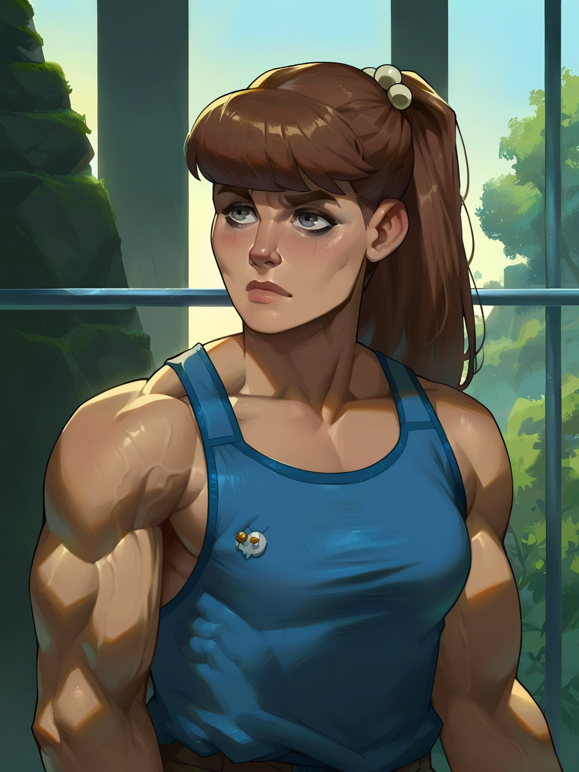 <lora:monster_girlv2:0.6> m_g, 1girl, brown ponytail hair, bangs, hairpin, small body, skinny body, grey eyes,   <lora:JustSomeNoob_XL_Pony:0.9> large breasts, uncensored, muscular, score_9, score_8_up, score_7_up,