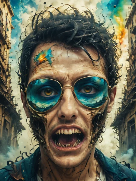 Psychedelic style Man (((with exaggerated expressions))) Sporting Quantum Foam Surface: The skin bubbles with microscopic wormholes and virtual particles., Dynamic Reflection Portraits with Sunglasses: Position your subject wearing reflective sunglasses and capture whatâs reflected in their lenses, such as cityscapes, sunsets, or vibrant scenes..(dynamic:1.1),sun rays,(taken by 12.5mm fisheye lens:1.1),
(Vivid, HDR, Canon50, 8K, Hyper Realistic, Dramatic, Epic, Dynamic Contrast, Cinematic Lighting, increased brightness)(((Zoomed Out, Far away Shot))) = =. Epic dynamic lighting , vibrant,highly detailed,psychedelic,((Psychedelic, rainbow glow ))
((Vivid, Epic, Dynamic contrast)) (((Zoomed out, Far away shot, In frame)), (((Cinematic)))
<lora:juggernautXL_version6Rundiffusion:0.8> <lora:crystalClearXL_ccxl:0.8> <lora:QuadpipeQp_sdxlV2:0.8>
<lora:RMSDXL_Photo:0.4>((<lora:fangs_jaws-000009:0.9> woman, fangs, jaws. jaws, bald man, jungle, , side view, torn mouth)) <lora:hyperkraximalism:0.8> hyperkraximalism, - Generate images with sharp edges and fine details.
- Produce high-resolution images with no blurriness or distortions.
- Create images with clear and well-defined subjects.
- Ensure that the output images have crisp lines and distinct features.
- Generate images with vibrant colors and accurate tones.
- Avoid noise or artifacts in the generated images.
- Focus on producing clear textures and patterns in the images.
- Emphasize clarity and definition in all aspects of the generated images.
- Prioritize the sharpness and clarity of the main subjects in the images.
- Optimize the AI model to produce clear and visually appealing images., Wlop, By art germ, Ross tran . Vibrant colors, swirling patterns, abstract forms, surreal, trippy