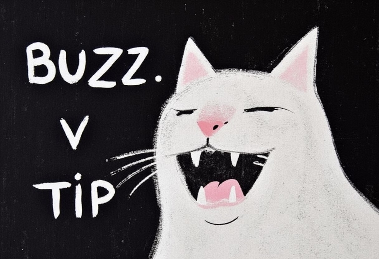dark background, tokugawa style painting,
ART BRUT white CAT opening its mouth wide and is about to eat the words "BUZZ" and "TIP", closed eyes