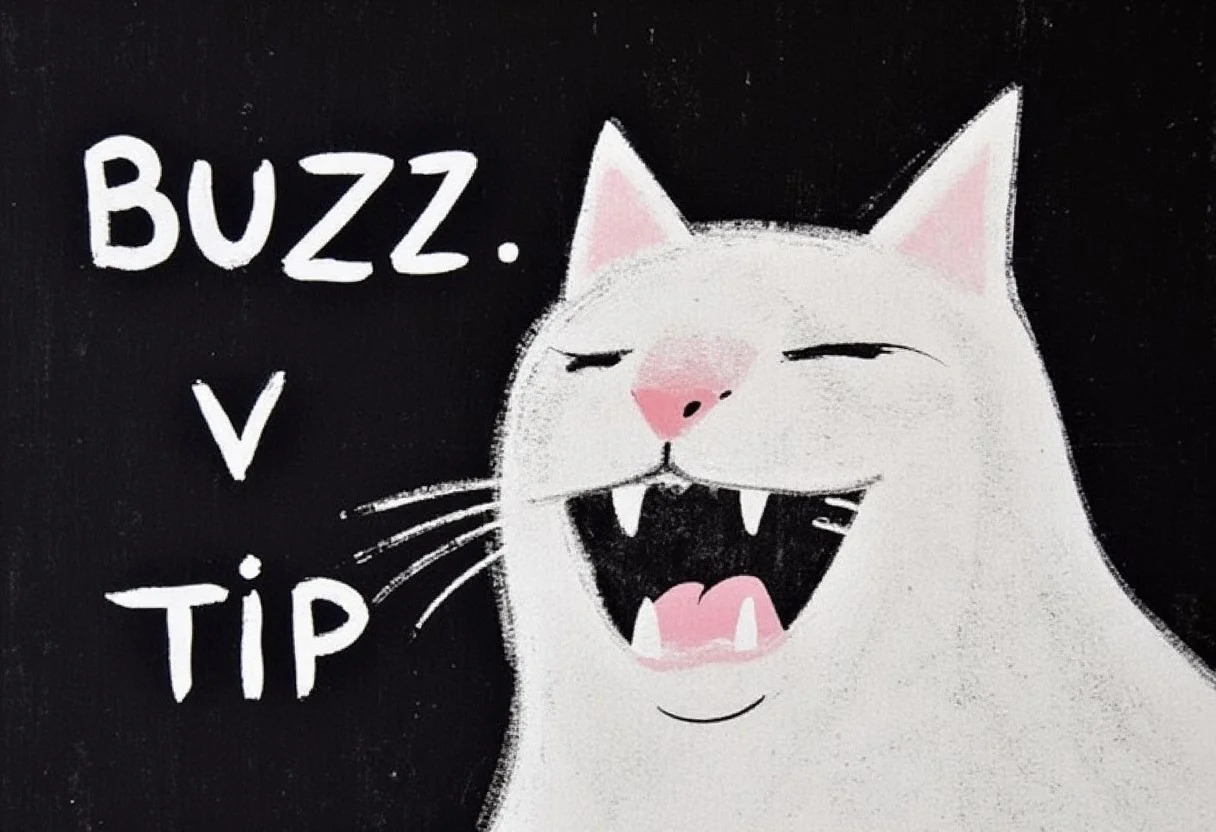 dark background, tokugawa style painting,
ART BRUT white CAT opening its mouth wide and is about to eat the words "BUZZ" and "TIP", closed eyes