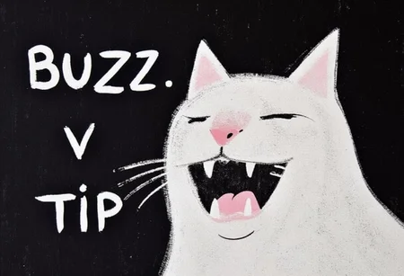 dark background, tokugawa style painting,
ART BRUT white CAT opening its mouth wide and is about to eat the words "BUZZ" and "TIP", closed eyes