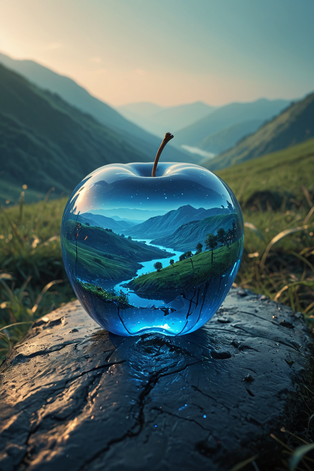 (8k digital nature photography:1.2),
(an idyllic landscape:1.1) with hills in the distance,
shiny sapphire (see-through:1.2) apple ,
<lora:Bio-Luminescence:1> bioluminescent