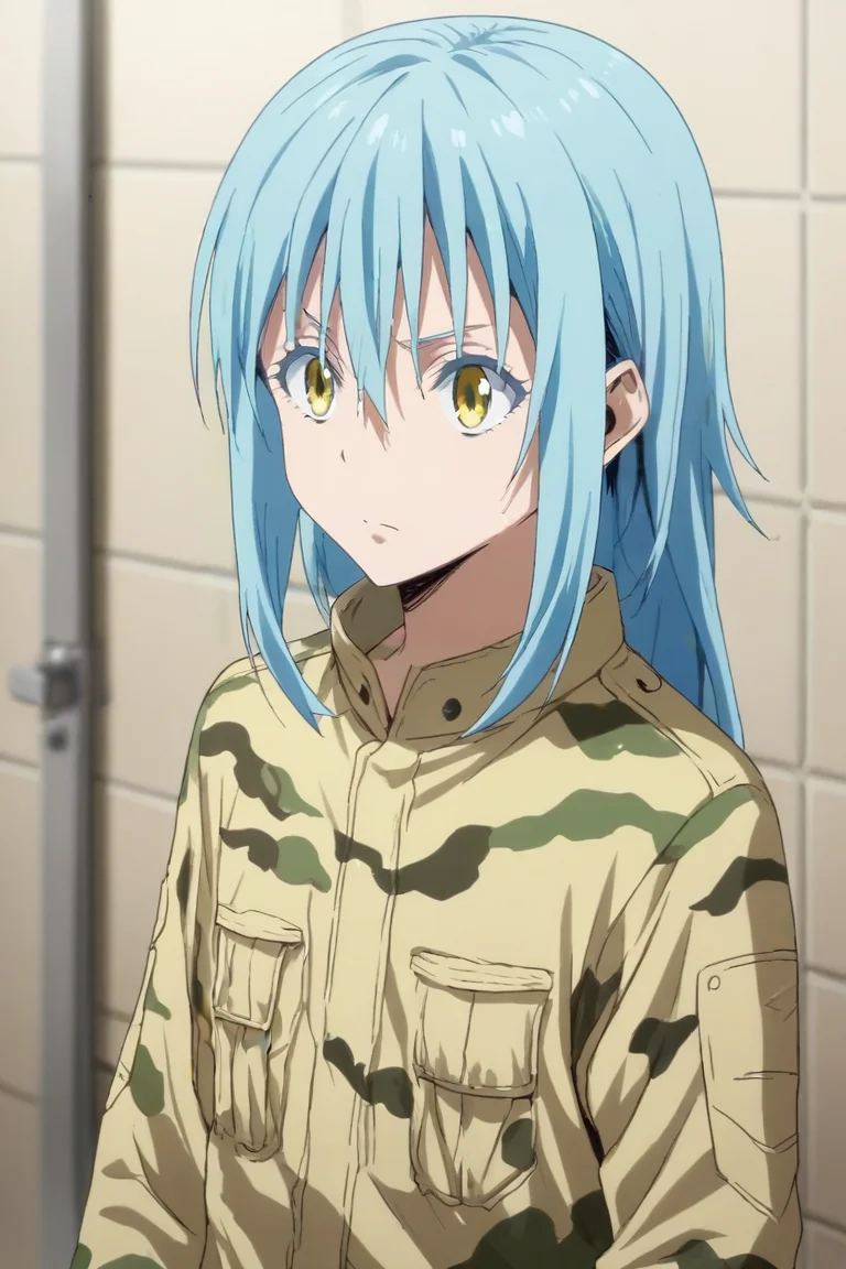 score_9, score_8_up, score_7_up, score_6_up, score_5_up, score_4_up, BREAK source_anime, semi-realistic, , upper body, depth of field, 1girl, solo, <lora:rimuru_tempest_pony:0.96>, rimuru_tempest, blue hair, yellow eyes, long hair, bangs, hair between eyes, camo costume, bathroom, , <lora:sdxl_lightning_8step_lora:1>