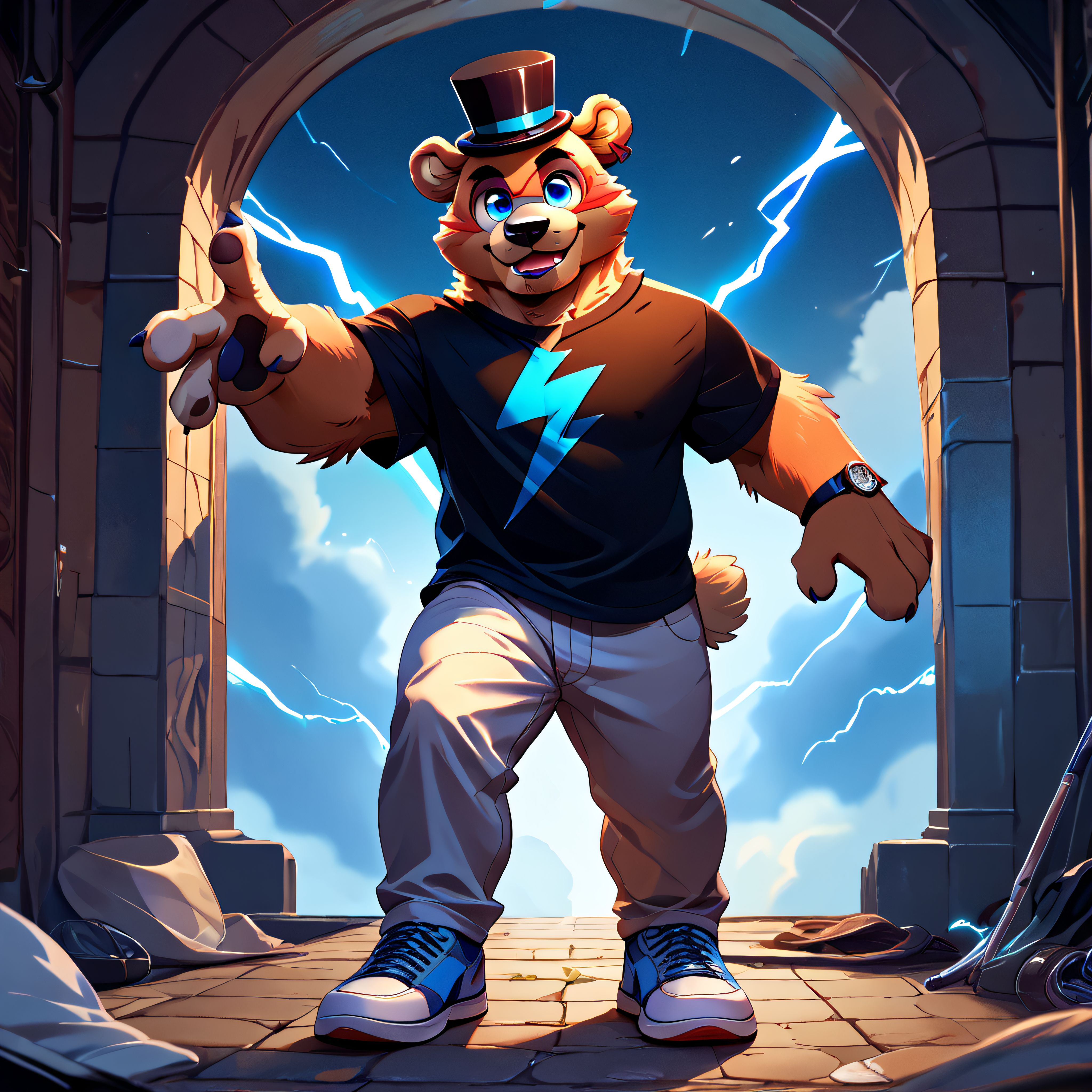 <lora:bigfreddy_ponyxl-10v1_1:1> score_9, score_8_up, score_7_up, BREAK, indoor, solo,  (source_furry),  (bigfreddy),  cute face, bear ears, mini top hat, blue eyes,  perfect hands, (big eyes, big eye sockets), detailed hat, male focus, detailed face, (detailed face), detailed ears, detailed hands , ((black shirt, blue lightning bolt on a shirt, detailed shirtt)), detailed clothing, detailed body, perfect body  (detailed body, perfect body), detailed hair, detailed background,  looking at viewer, zPDXL2, no humans, dynamic pose, adult male, ((adult male)), (visible short bear tail), uploaded on e621, (uploaded on e621), male focus, full body, ((fluffy bear brown fur)), handsome face, (wearing pants), detailed clothing,  ((wears sneakers)), (detailed sneakers),  handfixer
<lora:Pony_DetailV2_0:1> <lora:add-detail-xl:1.2> <lora:Expressive_H-000001:0.25> <lora:ZoroJ:0.3> <lora:HandFixer_pdxl_Incrs_v1:0.5>
