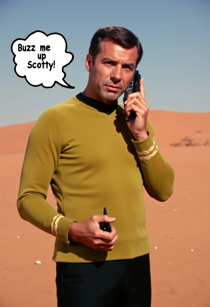 A sharp photograph featuring a man in a yellow TOS uniform speaking to a hanheld communicator. The man, dressed in the distinctive yellow of the command division. He is standing on a strange desert planet. A speechbubble with text "Buzz me up Scotty"