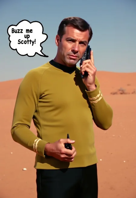 A sharp photograph featuring a man in a yellow TOS uniform speaking to a hanheld communicator. The man, dressed in the distinctive yellow of the command division. He is standing on a strange desert planet. A speechbubble with text "Buzz me up Scotty"