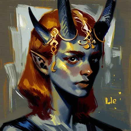 absurdres,hires,score_9,score_8_up,score_7_up,score_6_up,score_5_up,score_4_up,solo,milf,BGMizora, 1girl, orange hair, horns, grey skin, jewelry, pointy ears  BREAK
looking_at_viewer,portrait,oil painting,painting_\(medium\),painterly,faux traditional media,expressionism,(traditional media:0.7),(concept art:0.6),abstract,(vibrant colorscale:1.2),color splash,particle effects,cinematic lighting,sharp silhouette,chiaroscuro,gray background,4rch