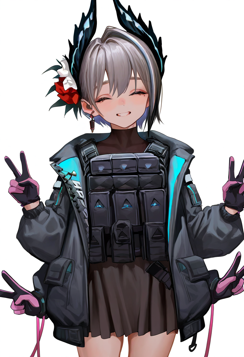 [artist:asakuraf], [artist:fkey], [artist:ask{askzy}], [[artist:as109]]
1girl,raidian_\(arknights\),v,gloves,solo,smile,head wings,closed eyes,jacket,long sleeves,wings,double v,open clothes,
highres,best quality,amazing quality,very aesthetic,absurdres,year 2023,
<lora:raidian_NoobVpred05:1>,