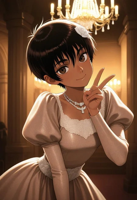 masterpiece, best quality, amazing quality,
1girl,,casca_(berserk), dark-skinned female, pixie cut, Sepia colour dress, juliet sleeves, necklace, hair ornament,v, smile,
dance_hall,chandelier,at night,Dressed ladies and gentlemen background