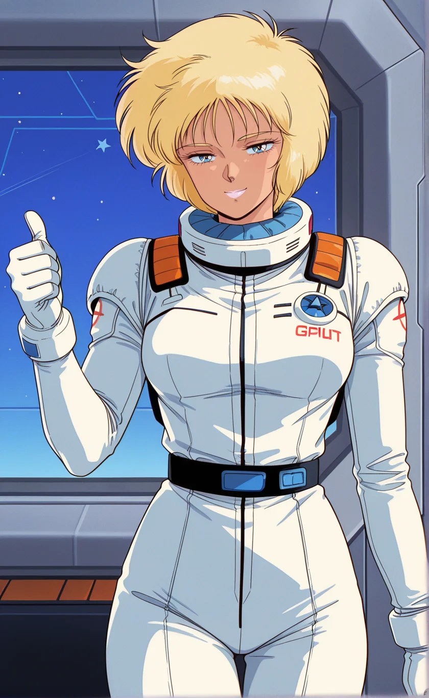 1girl,gndmzzemronc,retro artstyle,1980s (style),solo, blonde hair, short hair,eyelashes, blue eyes,medium breasts, lipstick,white_lips, pilot suit, spacesuit,gloves, normal suit,indoors,window,star \(symbol\),sky,half-closed eyes ,,,,thumbs up  ,,cowboy shot ,smile ,looking at viewer, best quality,masterpiece,sensitive, <lora:GundamZZEmaryOunceNoobAI2:1>