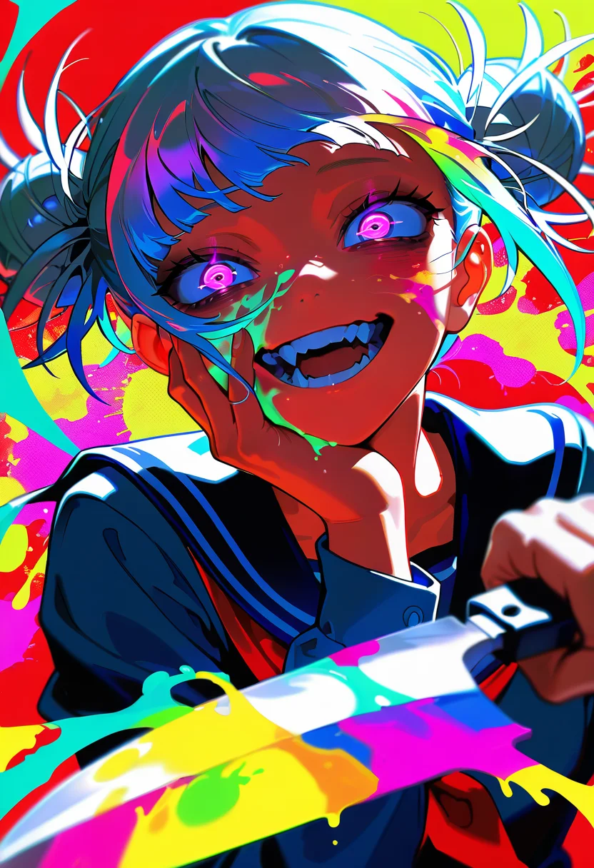masterpiece, best quality, amazing quality, very aesthetic, absurdres, newest, scenery,, 1girl, toga himiko, teeth, open mouth, blood on face, smile, double bun, crazy eyes, holding knife, hand on own cheek, upper body, school uniform, red background, backlighting, from above,paint splatter, glowing eyes, motion blur, , close-up, (dutch angle), ((colorful)), photorealistic, , masterpiece, best quality, amazing quality, very aesthetic, absurdres, newest, scenery, volumetric lighting
