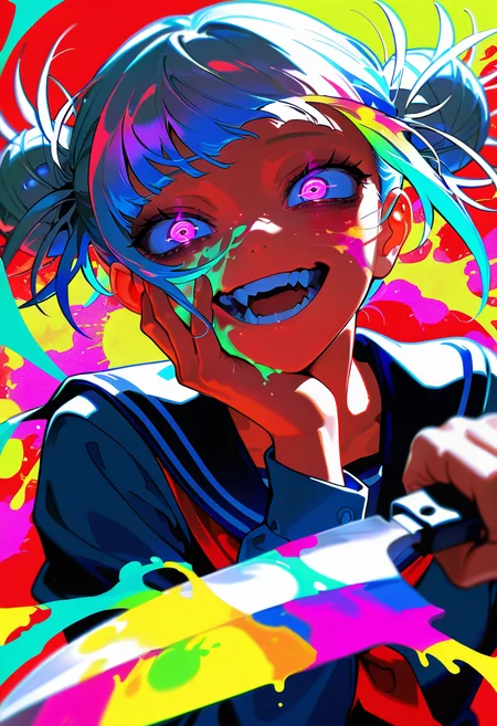 masterpiece, best quality, amazing quality, very aesthetic, absurdres, newest, scenery,, 1girl, toga himiko, teeth, open mouth, blood on face, smile, double bun, crazy eyes, holding knife, hand on own cheek, upper body, school uniform, red background, backlighting, from above,paint splatter, glowing eyes, motion blur, , close-up, (dutch angle), ((colorful)), photorealistic, , masterpiece, best quality, amazing quality, very aesthetic, absurdres, newest, scenery, volumetric lighting