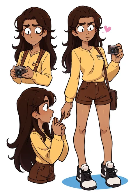 score_9, score_8_up, score_7_up, score_6_up, score_5_up, score_4_up, conceptart,multiple views,white background,simple background,<lora:concept:1>,
1girl, solo, Loui$e,, long hair, dark brown hair, tan skin, black eyes,,Sparrow Scouts uniform, yellow shirt, brown shorts,,, black sneakers, holding a camera in hands
<lora:princess_xl_v1:0.7>, <lora:Expressive_H:0.6>, <lora:incase-ilff-v3-4:0.5>, <lora:MysticalPlantPenetratorPDXL:0.5>, <lora:Louise_v1:1>