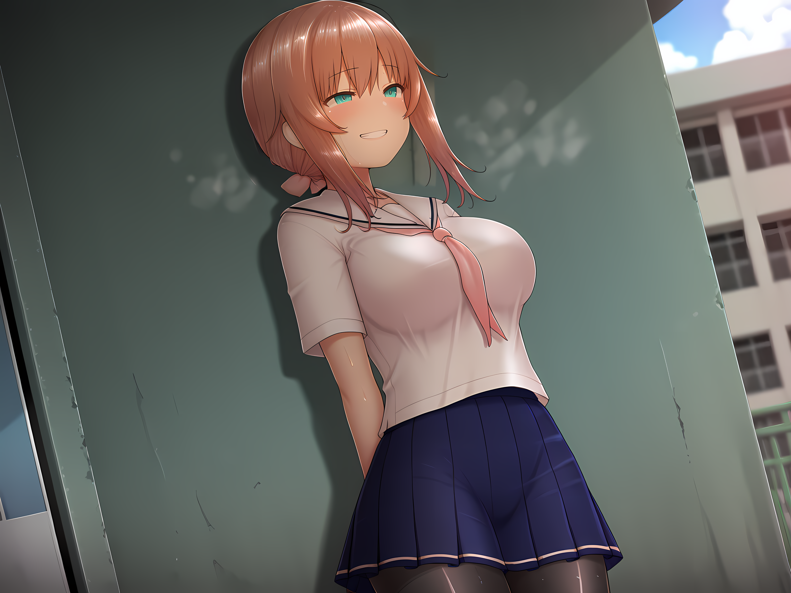 1girl,grin,school,Amane,school outfit,long hair,large breasts,outdoors,<lora:Celesphonia_and_Selenoxia:1>,, masterpiece,best quality,amazing quality,