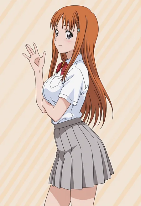 masterpiece, best quality, amazing quality, anime screencap, anime coloring, 1girl, solo, <lora:DX888Orihime:1> inoue orihime, grey eyes, orange hair, long hair,
hairclip, school uniform, white shirt, grey skirt, red bow, BREAK brown background, striped background, (simple background:1.2) BREAK (dynamic pose:1.2), smile, blsuh, waving, contrapposto, from side,