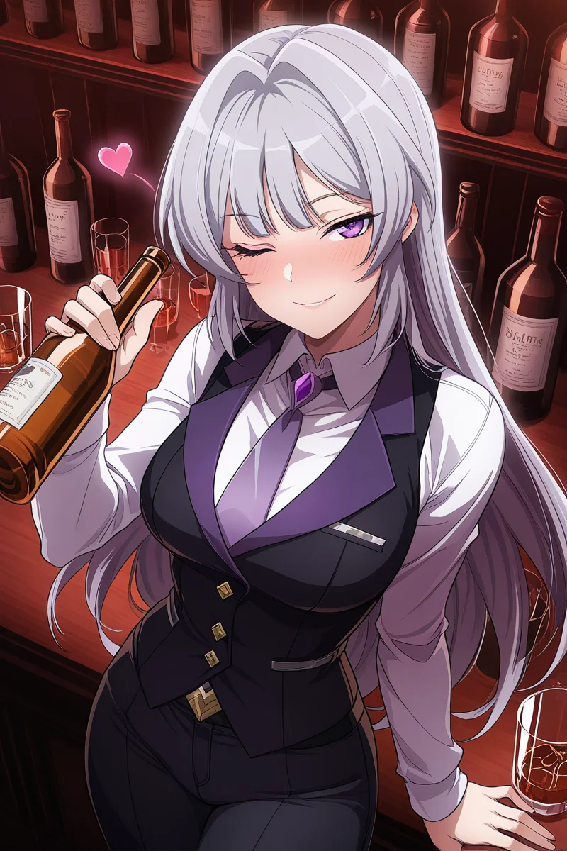 masterpiece, best quality, amazing quality,
 <lora:Akira_IL:1> akira, 1girl, one eye closed, necktie, solo, pants, shirt, alcohol, purple eyes, purple necktie, long hair, white shirt, holding, collared shirt, vest, bottle, cup, smile, black pants, black vest, grey hair, looking at viewer, bangs, long sleeves, heart, drinking glass