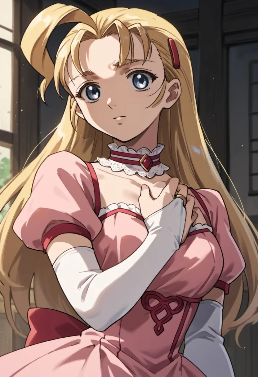 score_9, score_8_up, score_7_up, source_anime,miu furinji, blue eyes, blonde hair, long hair, 1girl, solo, dress, choker, gloves, hair ornament, hairclip, ahoge, bridal gauntlets, hand on own chest, pink dress