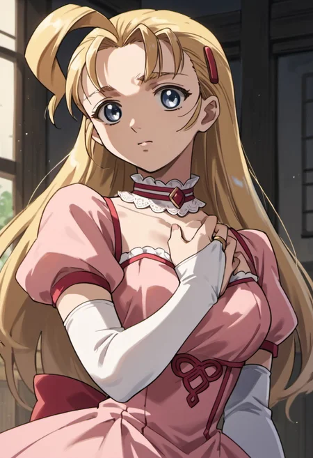 score_9, score_8_up, score_7_up, source_anime,miu furinji, blue eyes, blonde hair, long hair, 1girl, solo, dress, choker, gloves, hair ornament, hairclip, ahoge, bridal gauntlets, hand on own chest, pink dress