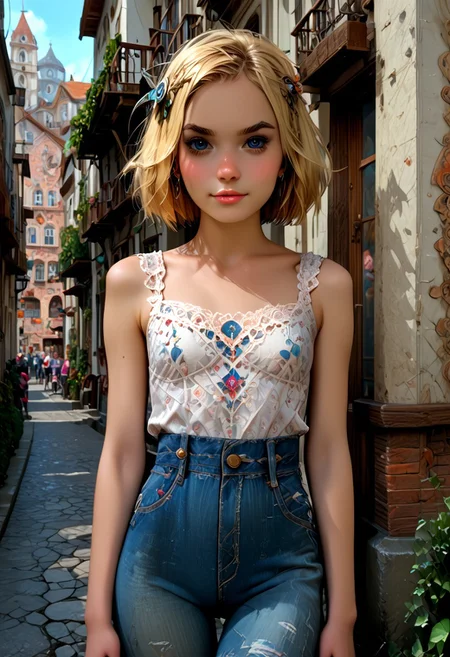 score_9_up, score_8_up, score_7_up, 1girl, solo, Maja Grunzeug, blonde hair, hair ornament, short hair, standing still, town, cute, waving at viewer, front facing, detailed background, girl focus, realistic , ExpresHGothicNeonIncase