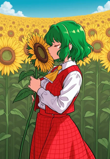 masterpiece, best quality, aesthetic, colorful, <lora:DittoHead7-8:1>, BREAK, (Kazami Yuuka), 1girl, solo, sunflower field, sunflower, kiss, kissing object, female focus, shadow, day, blue sky,