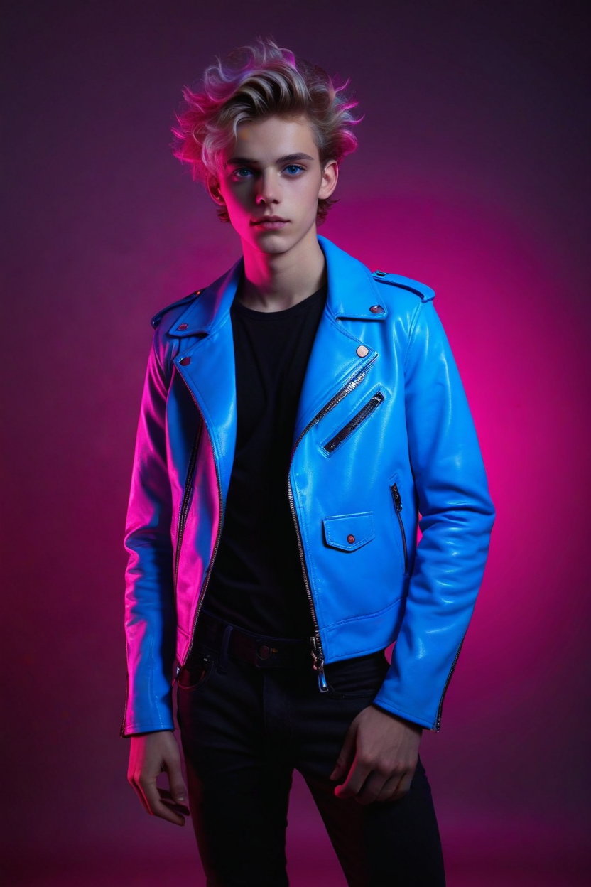 19yo (psychedelic dreamland:1.4) skinny male model twink (candyland:1.4), pink, wild hair, smooth, open leather jacket, slim waist, (neon lighting:1.1), light-blue-eyes, (Chiaroscuro, Filmgrain, Cinematic LUT), <lora:sdxl_lightning_8step_lora:1>