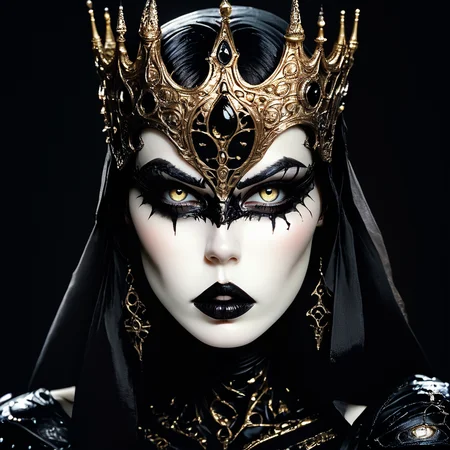 Score_9, score_8_up, score_7_up, score_6_up, BREAK <lora:GothicDarkFantasyMoviePony:1> ArsMovieStill, Gothic Dark Fantasy movie still, The image is a close-up portrait of a woman's face and upper body. She is wearing a black and gold mask with intricate designs and patterns. The mask is made of a dark material possibly leather or metal and has a large ornate crown-like design on top. The crown is intricately designed with a large eye in the center and two pointed horns on either side. The woman's eyes are dark and dramatic with dark eyeliner and mascara on her lips. She has long dark hair that is pulled back in a sleek straight style. Her face is painted white with a hint of black lipstick on her cheeks and nose. The background is dark and out of focus making the mask stand out even more. The overall mood of the image is dark mysterious and edgy., 1girl, solo, looking at viewer, yellow eyes, portrait, black lips, black background, pale skin, black hair, simple background